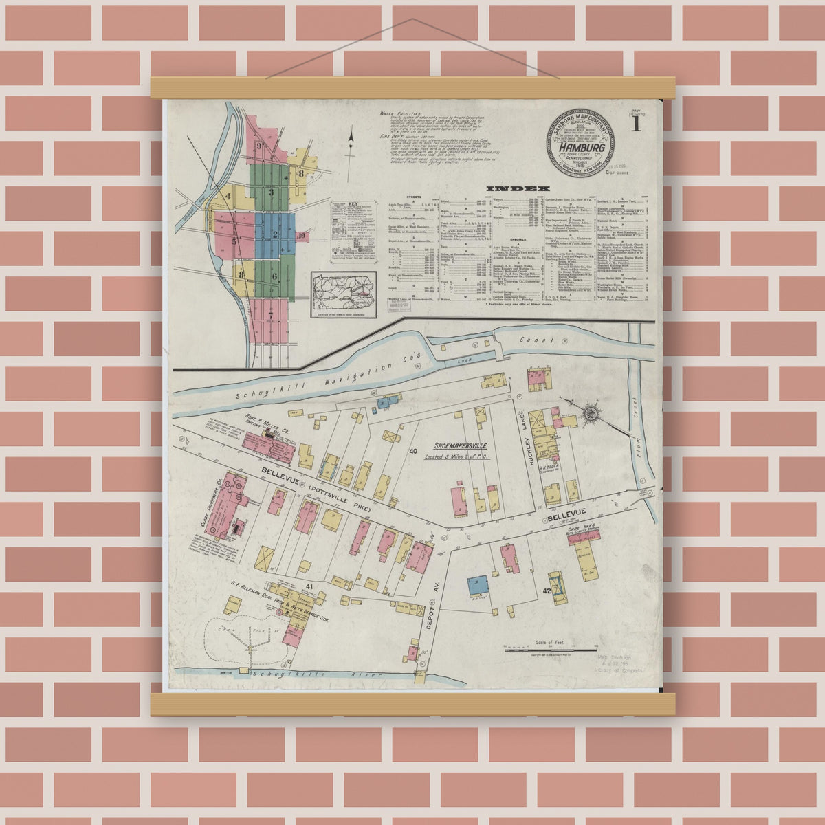 Old map wall art mockup — magnetic wood frame on brick wall — Sanborn Fire Insurance Map from Hamburg, Berks County, Pennsylvania (1919) - Complete Map Set