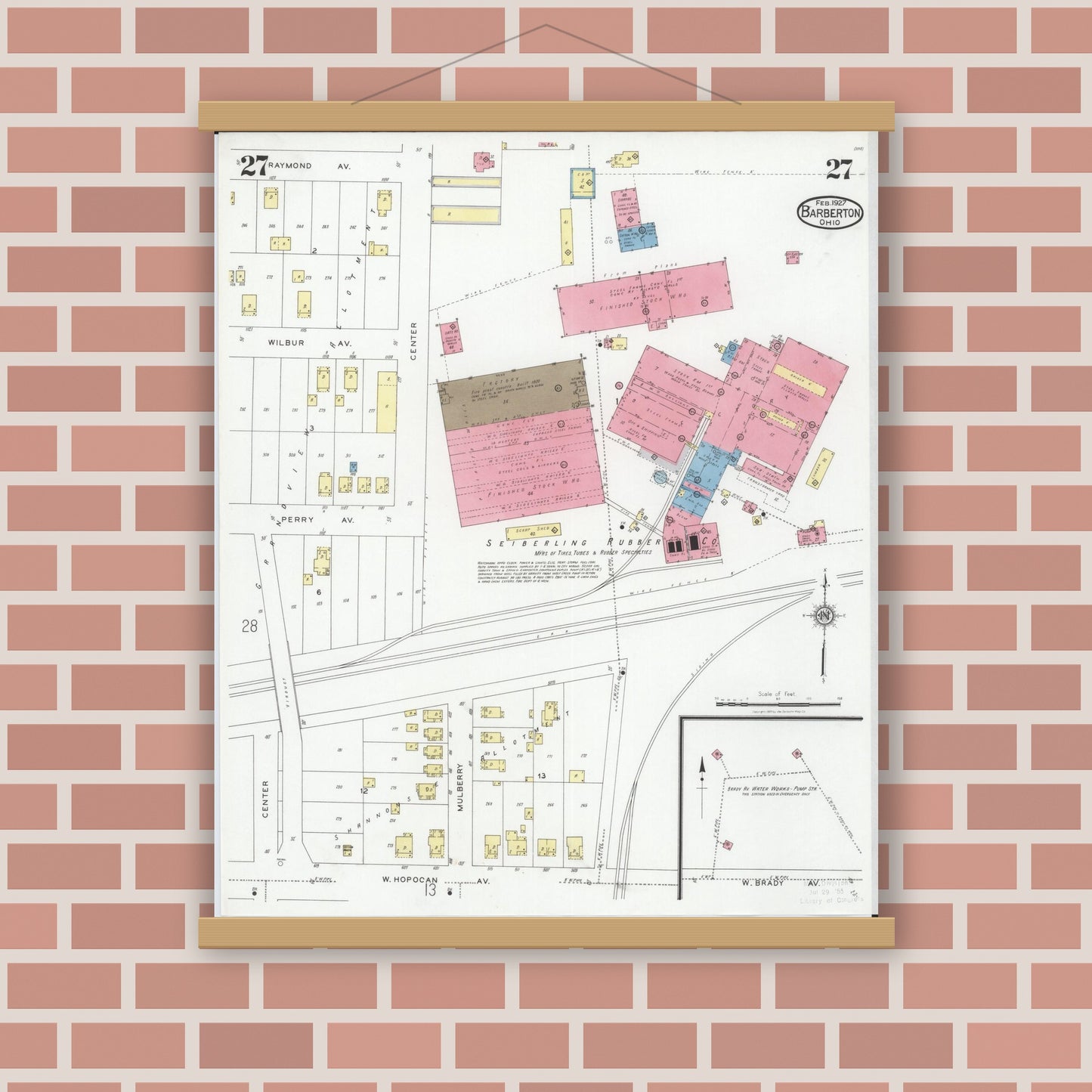 Old map wall art mockup — magnetic wood frame on brick wall — Sanborn Fire Insurance Map from Barberton, Summit County, Ohio (1927), Sheet #0027