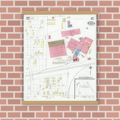 Old map wall art mockup — magnetic wood frame on brick wall — Sanborn Fire Insurance Map from Barberton, Summit County, Ohio (1927), Sheet #0027