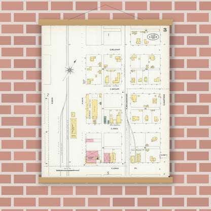 Old map wall art mockup — magnetic wood frame on brick wall — Sanborn Fire Insurance Map from Ennis, Ellis County, Texas (1901), Sheet #0003