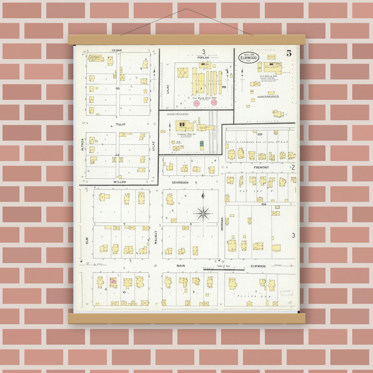Old map wall art mockup — magnetic wood frame on brick wall — Sanborn Fire Insurance Map from Elmwood, Peoria County, Illinois (1909), Sheet #0005