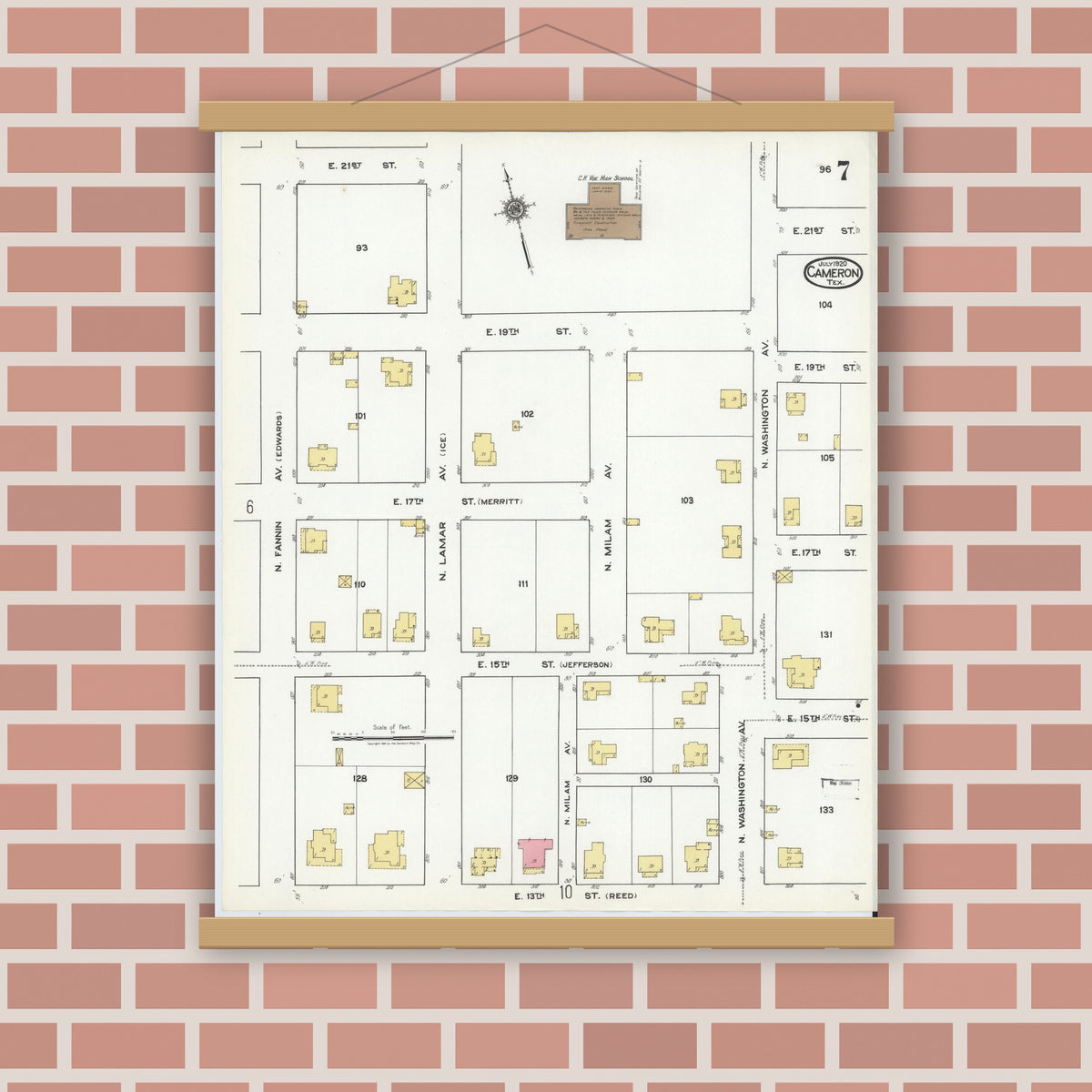 Old map wall art mockup — magnetic wood frame on brick wall — Sanborn Fire Insurance Map from Cameron, Milam County, Texas (1920), Sheet #0007