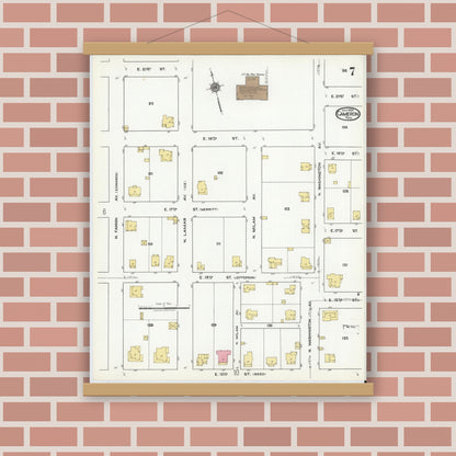 Old map wall art mockup — magnetic wood frame on brick wall — Sanborn Fire Insurance Map from Cameron, Milam County, Texas (1920), Sheet #0007