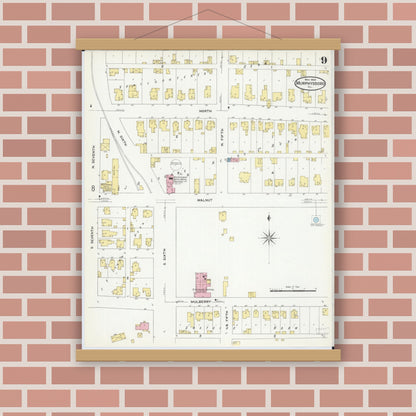 Old map wall art mockup — magnetic wood frame on brick wall — Sanborn Fire Insurance Map from Murphysboro, Jackson County, Illinois (1909), Sheet #0009
