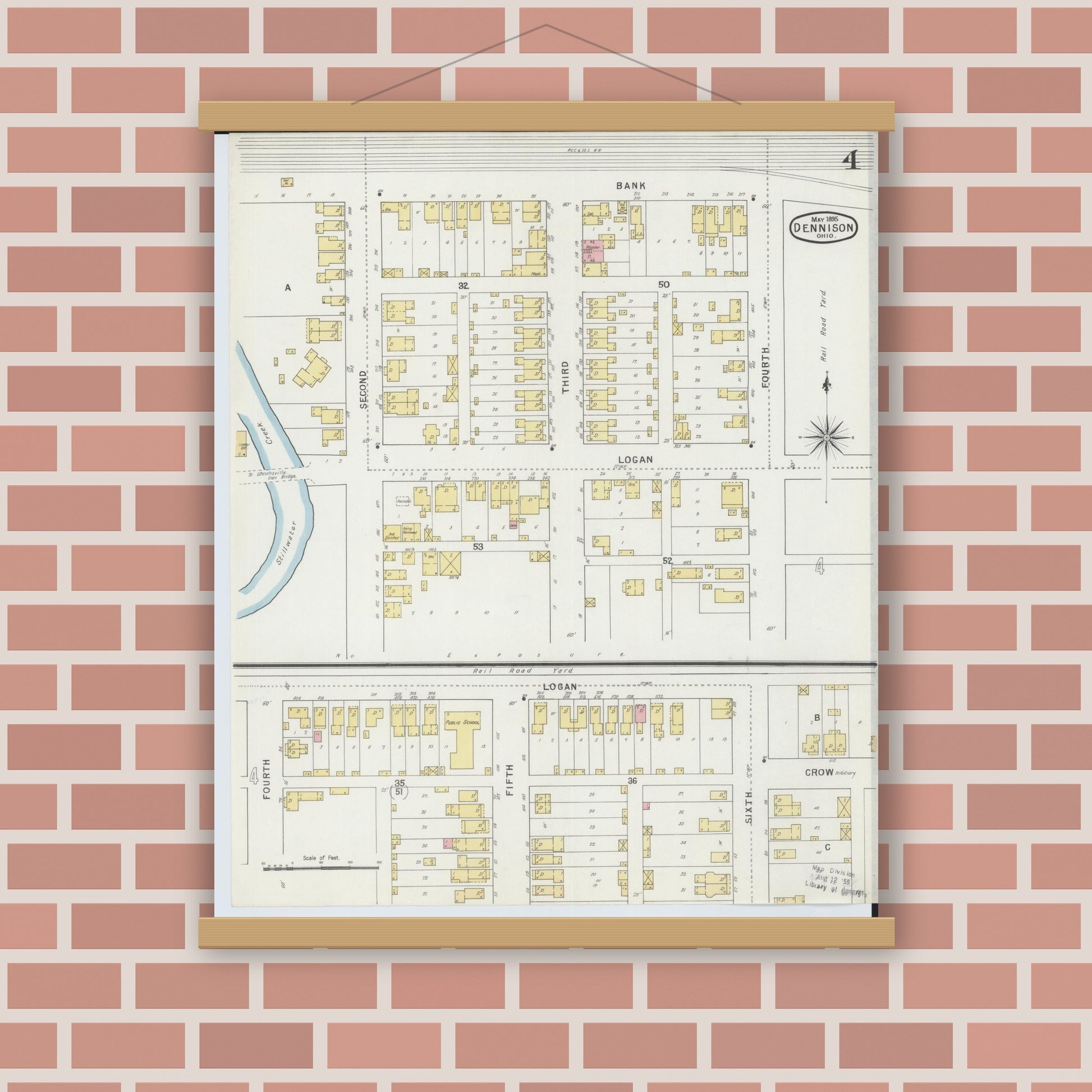 Old map wall art mockup — magnetic wood frame on brick wall — Sanborn Fire Insurance Map from Dennison, Tuscarawas County, Ohio (1895), Sheet #0004