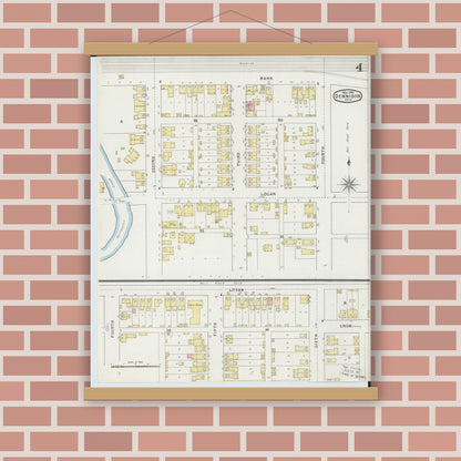 Old map wall art mockup — magnetic wood frame on brick wall — Sanborn Fire Insurance Map from Dennison, Tuscarawas County, Ohio (1895), Sheet #0004