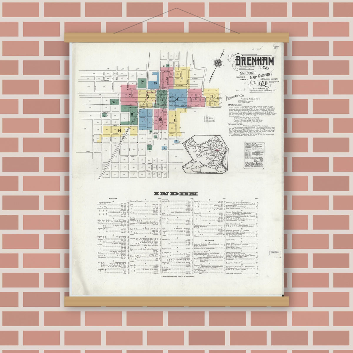 Old map wall art mockup — magnetic wood frame on brick wall — Sanborn Fire Insurance Map from Brenham, Washington County, Texas (1920) - Complete Map Set