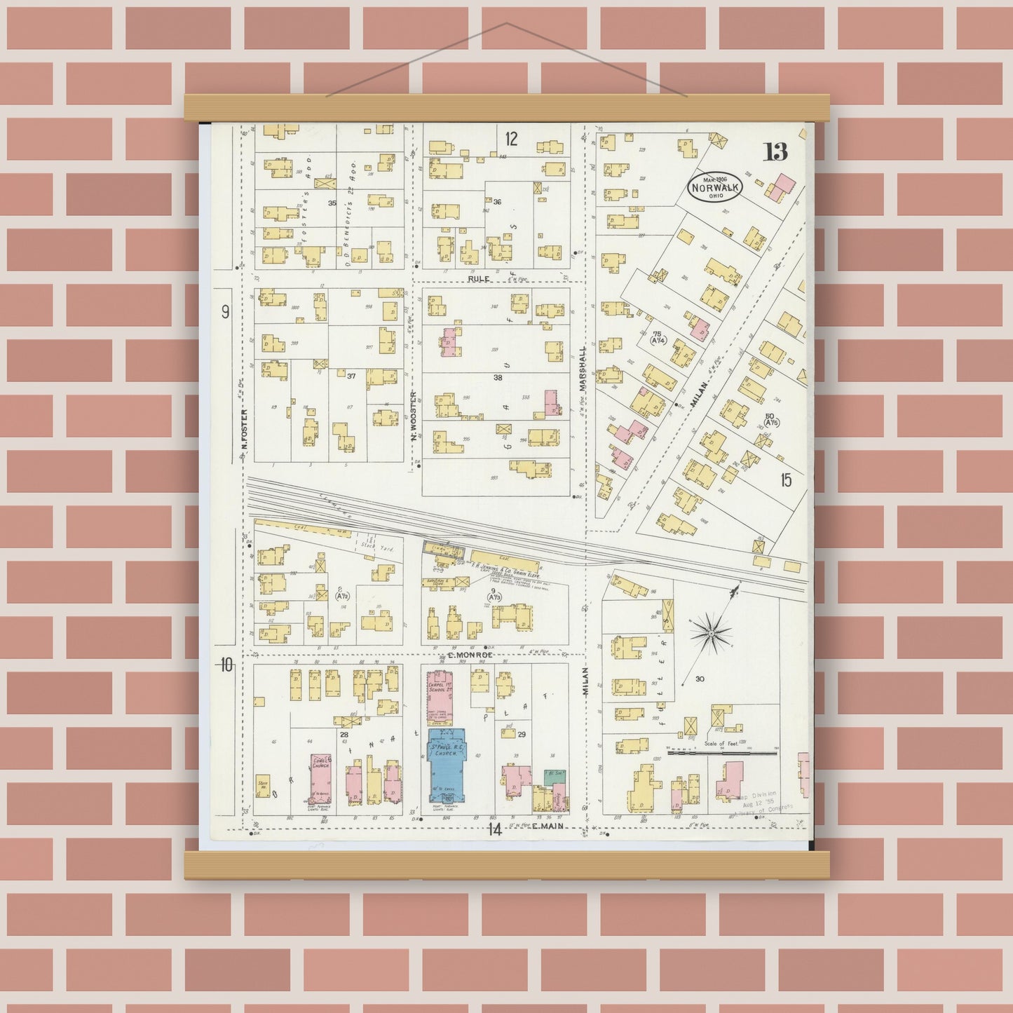Old map wall art mockup — magnetic wood frame on brick wall — Sanborn Fire Insurance Map from Norwalk, Huron County, Ohio (1906), Sheet #0013