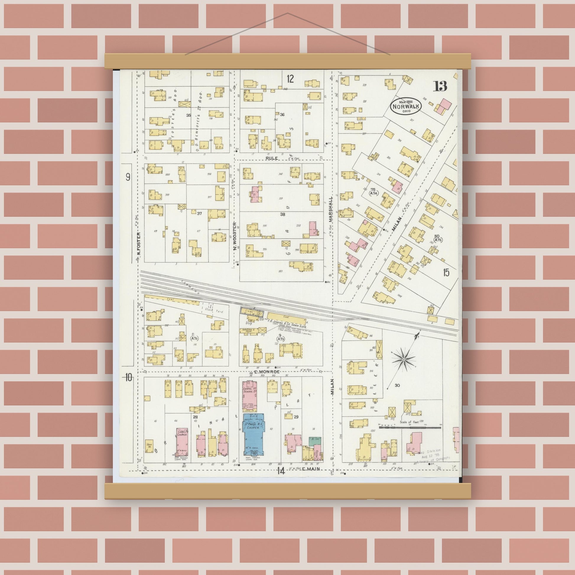 Old map wall art mockup — magnetic wood frame on brick wall — Sanborn Fire Insurance Map from Norwalk, Huron County, Ohio (1906), Sheet #0013