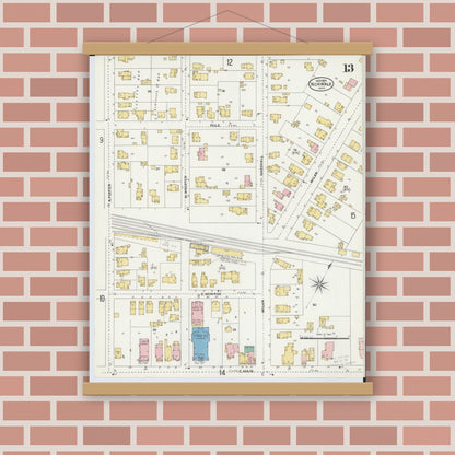 Old map wall art mockup — magnetic wood frame on brick wall — Sanborn Fire Insurance Map from Norwalk, Huron County, Ohio (1906), Sheet #0013