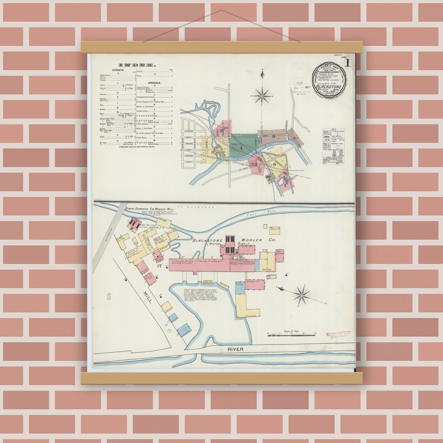 Old map wall art mockup — magnetic wood frame on brick wall — Sanborn Fire Insurance Map from Blackstone, Worcester County, Massachusetts (1893), Sheet #0001