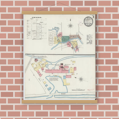 Old map wall art mockup — magnetic wood frame on brick wall — Sanborn Fire Insurance Map from Blackstone, Worcester County, Massachusetts (1893), Sheet #0001