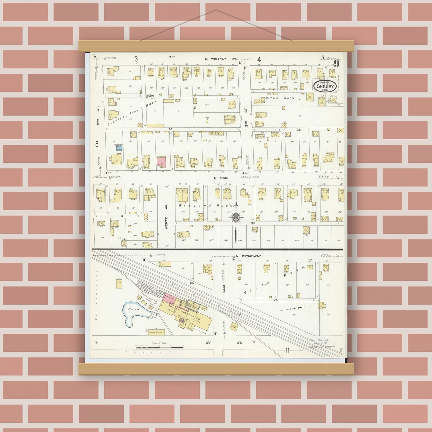 Old map wall art mockup — magnetic wood frame on brick wall — Sanborn Fire Insurance Map from Shelby, Richland County, Ohio (1911), Sheet #0009