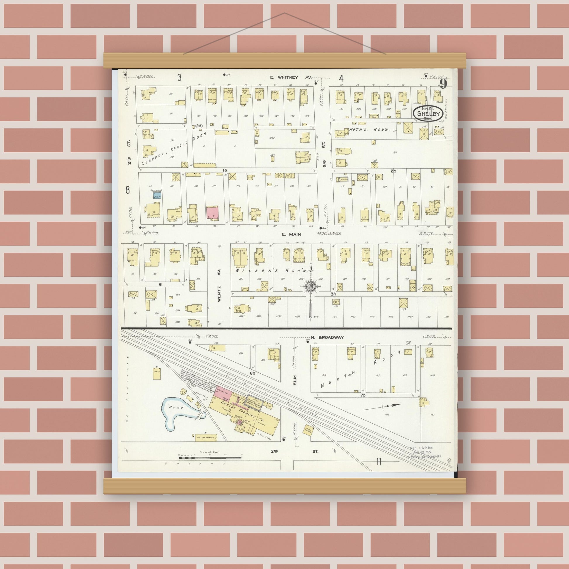 Old map wall art mockup — magnetic wood frame on brick wall — Sanborn Fire Insurance Map from Shelby, Richland County, Ohio (1911), Sheet #0009