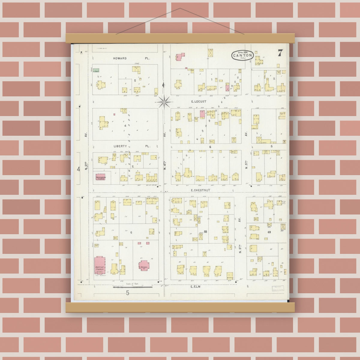 Old map wall art mockup — magnetic wood frame on brick wall — Sanborn Fire Insurance Map from Canton, Fulton County, Illinois (1896), Sheet #0007