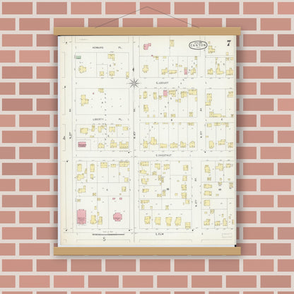 Old map wall art mockup — magnetic wood frame on brick wall — Sanborn Fire Insurance Map from Canton, Fulton County, Illinois (1896), Sheet #0007