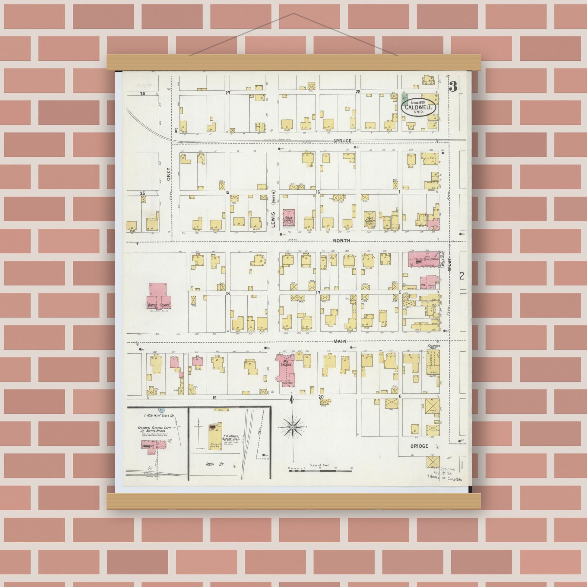 Old map wall art mockup — magnetic wood frame on brick wall — Sanborn Fire Insurance Map from Caldwell, Noble County, Ohio (1899), Sheet #0003