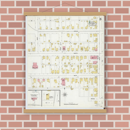 Old map wall art mockup — magnetic wood frame on brick wall — Sanborn Fire Insurance Map from Caldwell, Noble County, Ohio (1899), Sheet #0003