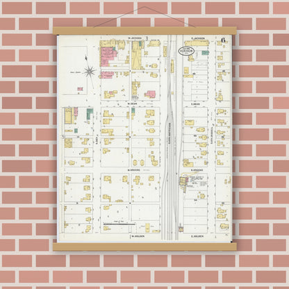 Old map wall art mockup — magnetic wood frame on brick wall — Sanborn Fire Insurance Map from Virden, Macoupin County, Illinois (1906), Sheet #0006
