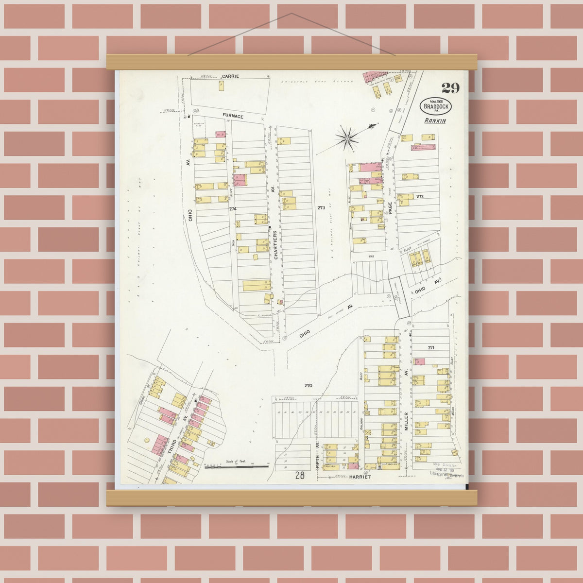 Old map wall art mockup — magnetic wood frame on brick wall — Sanborn Fire Insurance Map from Braddock, Allegheny County, Pennsylvania (1908), Sheet #0029