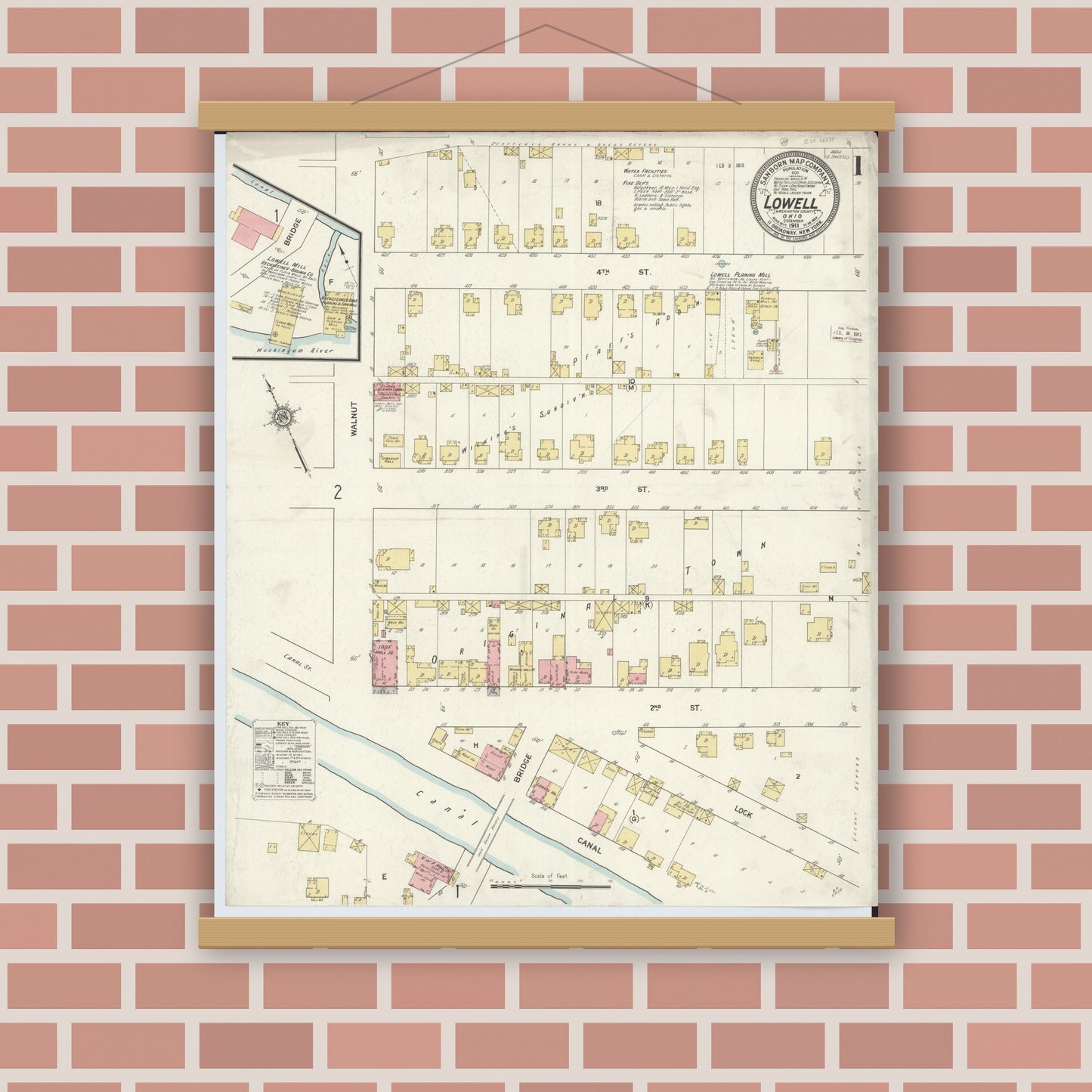 Old map wall art mockup — magnetic wood frame on brick wall — Sanborn Fire Insurance Map from Lowell, Washington County, Ohio (1911) - Complete Map Set