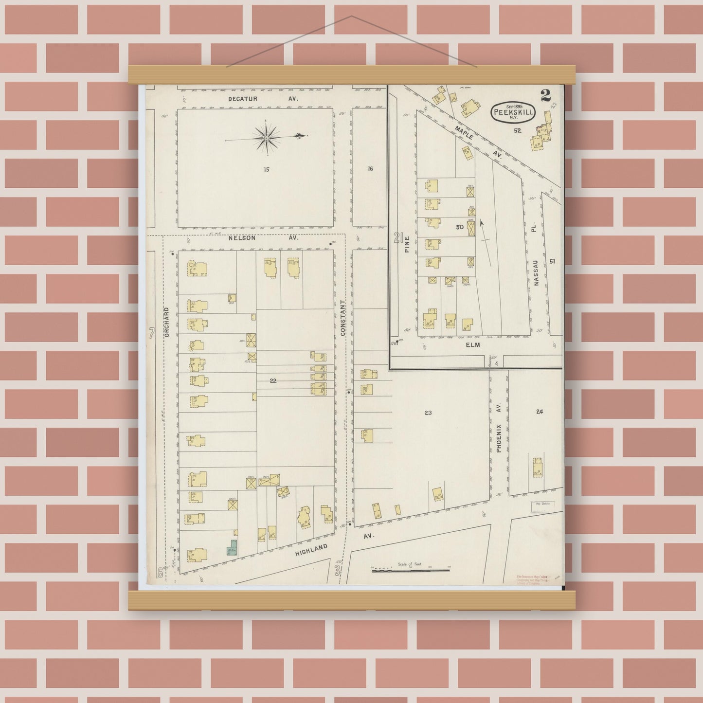 Old map wall art mockup — magnetic wood frame on brick wall — Sanborn Fire Insurance Map from Peekskill, Westchester County, New York (1895) - Complete Map Set