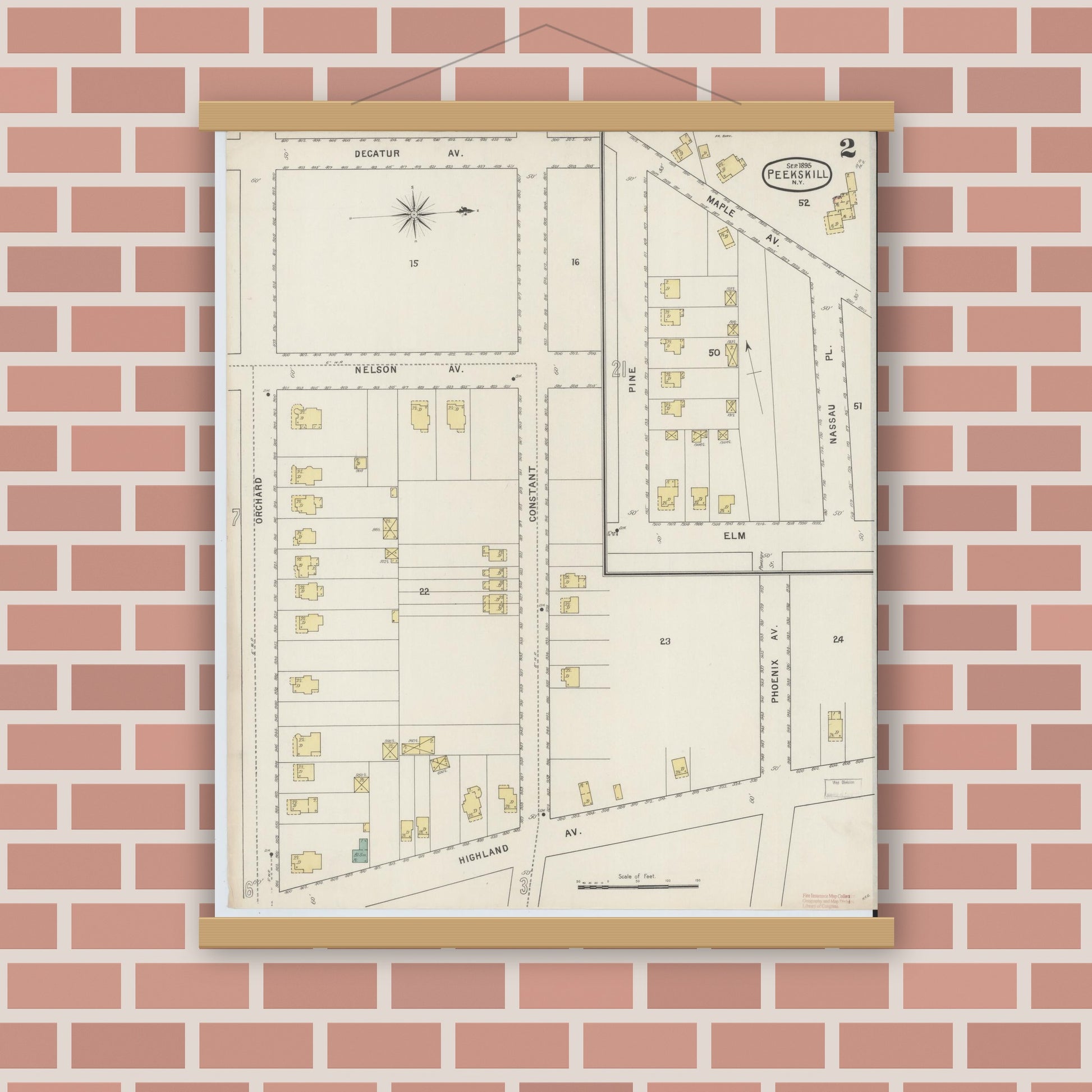 Old map wall art mockup — magnetic wood frame on brick wall — Sanborn Fire Insurance Map from Peekskill, Westchester County, New York (1895) - Complete Map Set