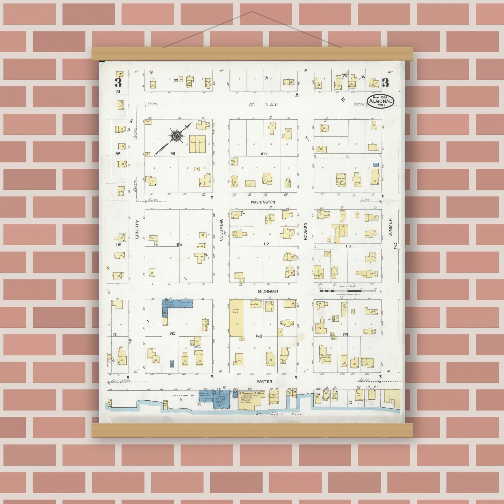 Old map wall art mockup — magnetic wood frame on brick wall — Sanborn Fire Insurance Map from Algonac, Saint Clair County, Michigan (1924), Sheet #0003