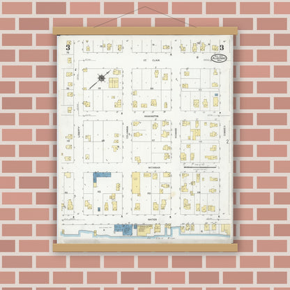 Old map wall art mockup — magnetic wood frame on brick wall — Sanborn Fire Insurance Map from Algonac, Saint Clair County, Michigan (1924), Sheet #0003