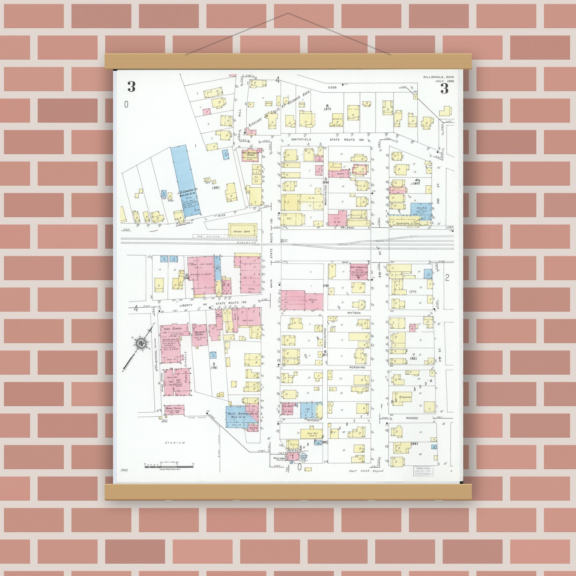 Old map wall art mockup — magnetic wood frame on brick wall — Sanborn Fire Insurance Map from Dillonvale, Jefferson County, Ohio (1950), Sheet #0003
