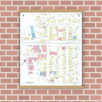 Old map wall art mockup — magnetic wood frame on brick wall — Sanborn Fire Insurance Map from Dillonvale, Jefferson County, Ohio (1950), Sheet #0003