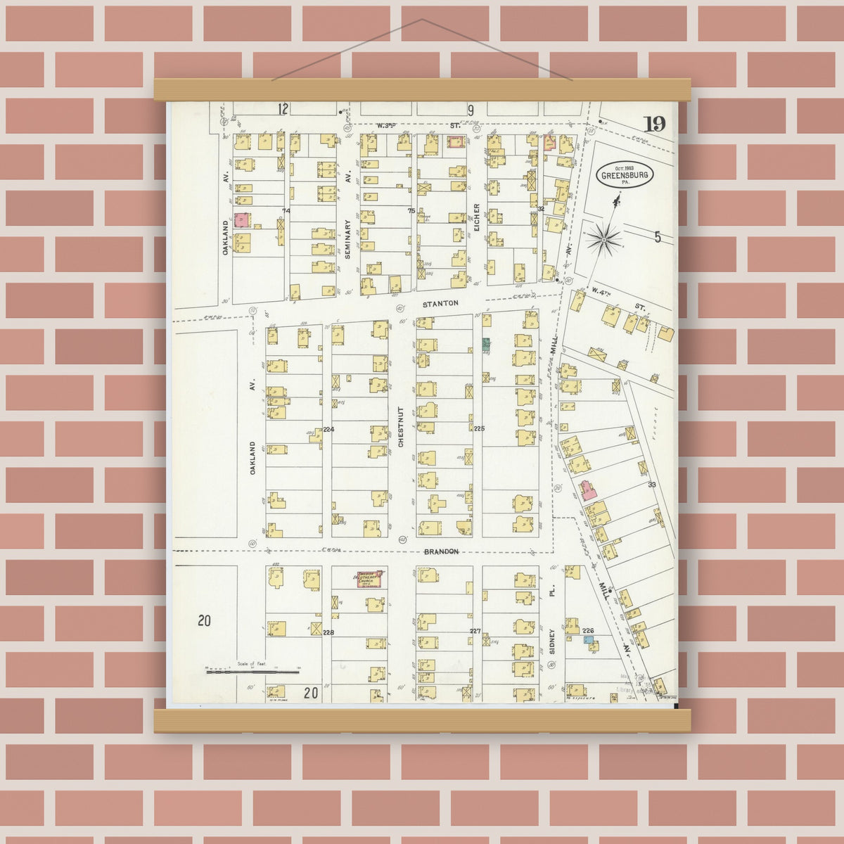 Old map wall art mockup — magnetic wood frame on brick wall — Sanborn Fire Insurance Map from Greensburg, Westmoreland County, Pennsylvania (1903), Sheet #0019