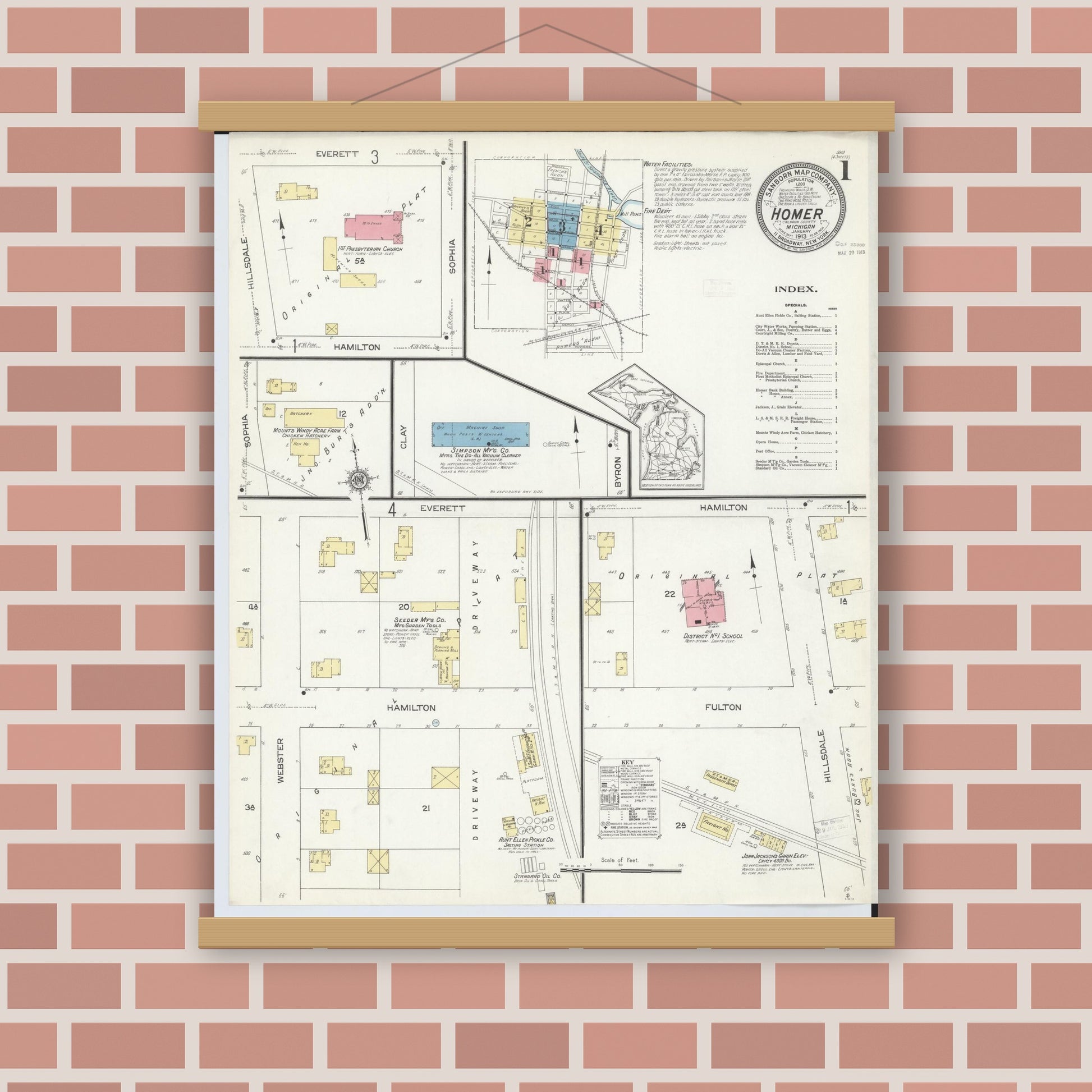 Old map wall art mockup — magnetic wood frame on brick wall — Sanborn Fire Insurance Map from Homer, Calhoun County, Michigan (1913) - Complete Map Set