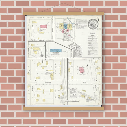 Old map wall art mockup — magnetic wood frame on brick wall — Sanborn Fire Insurance Map from Homer, Calhoun County, Michigan (1913) - Complete Map Set
