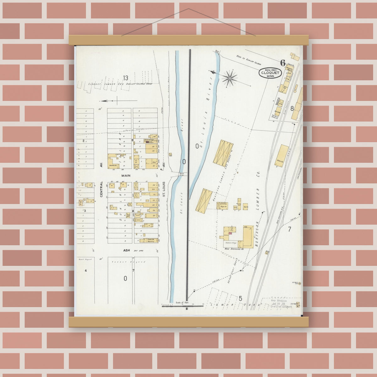 Old map wall art mockup — magnetic wood frame on brick wall — Sanborn Fire Insurance Map from Cloquet, Carlton County, Minnesota (1901), Sheet #0006