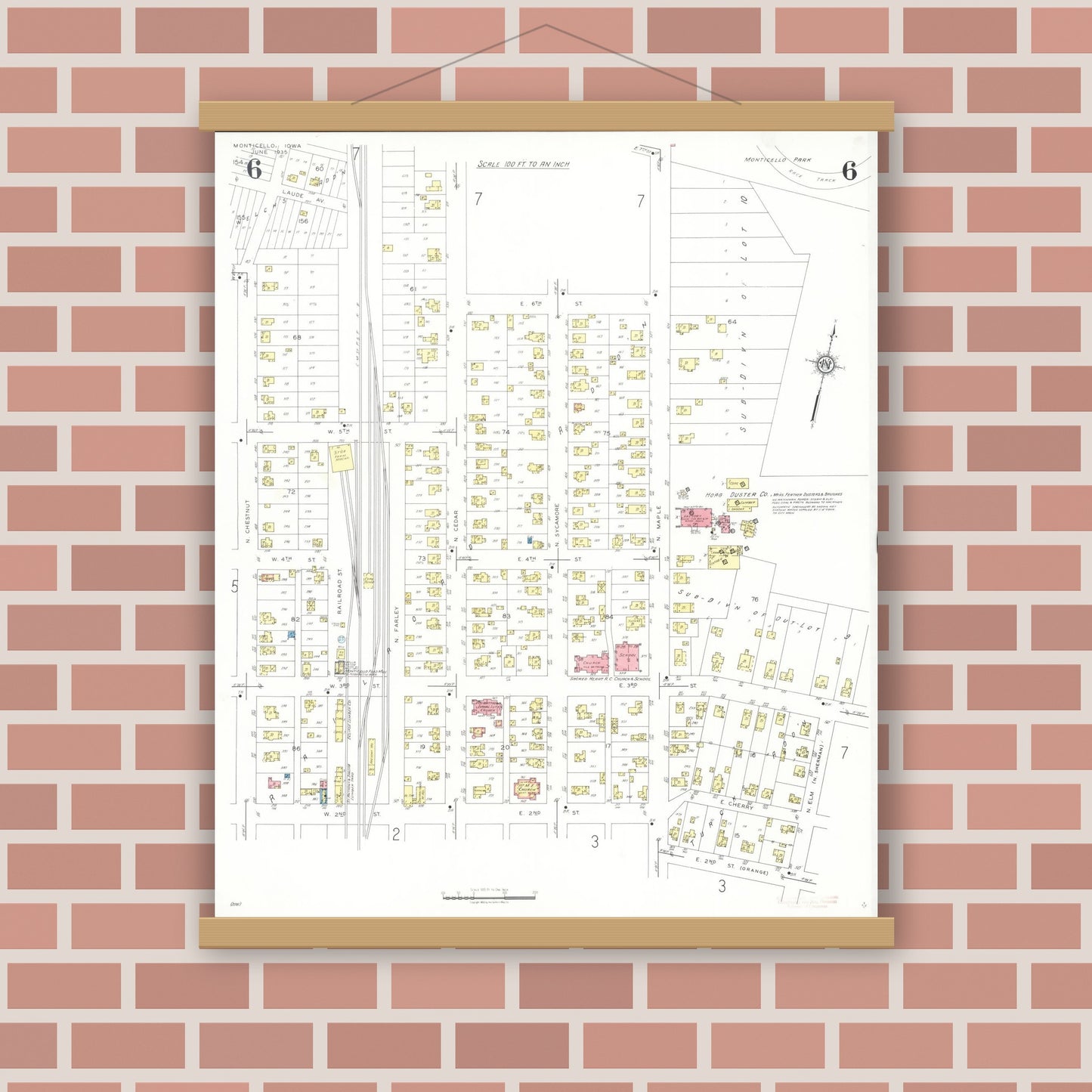 Old map wall art mockup — magnetic wood frame on brick wall — Sanborn Fire Insurance Map from Monticello, Jones County, Iowa (1935), Sheet #0006