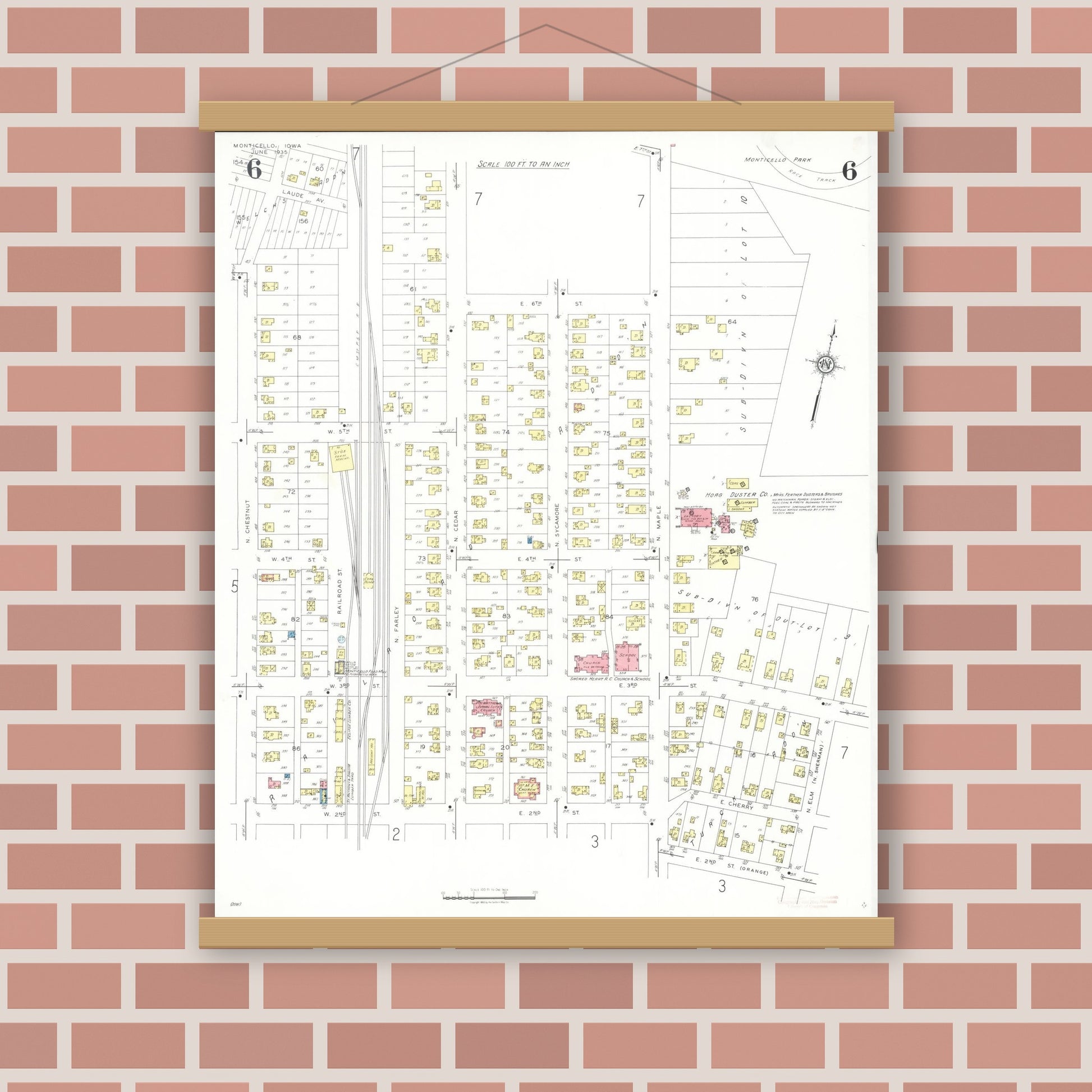 Old map wall art mockup — magnetic wood frame on brick wall — Sanborn Fire Insurance Map from Monticello, Jones County, Iowa (1935), Sheet #0006