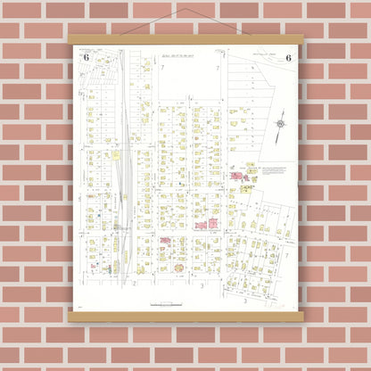 Old map wall art mockup — magnetic wood frame on brick wall — Sanborn Fire Insurance Map from Monticello, Jones County, Iowa (1935), Sheet #0006