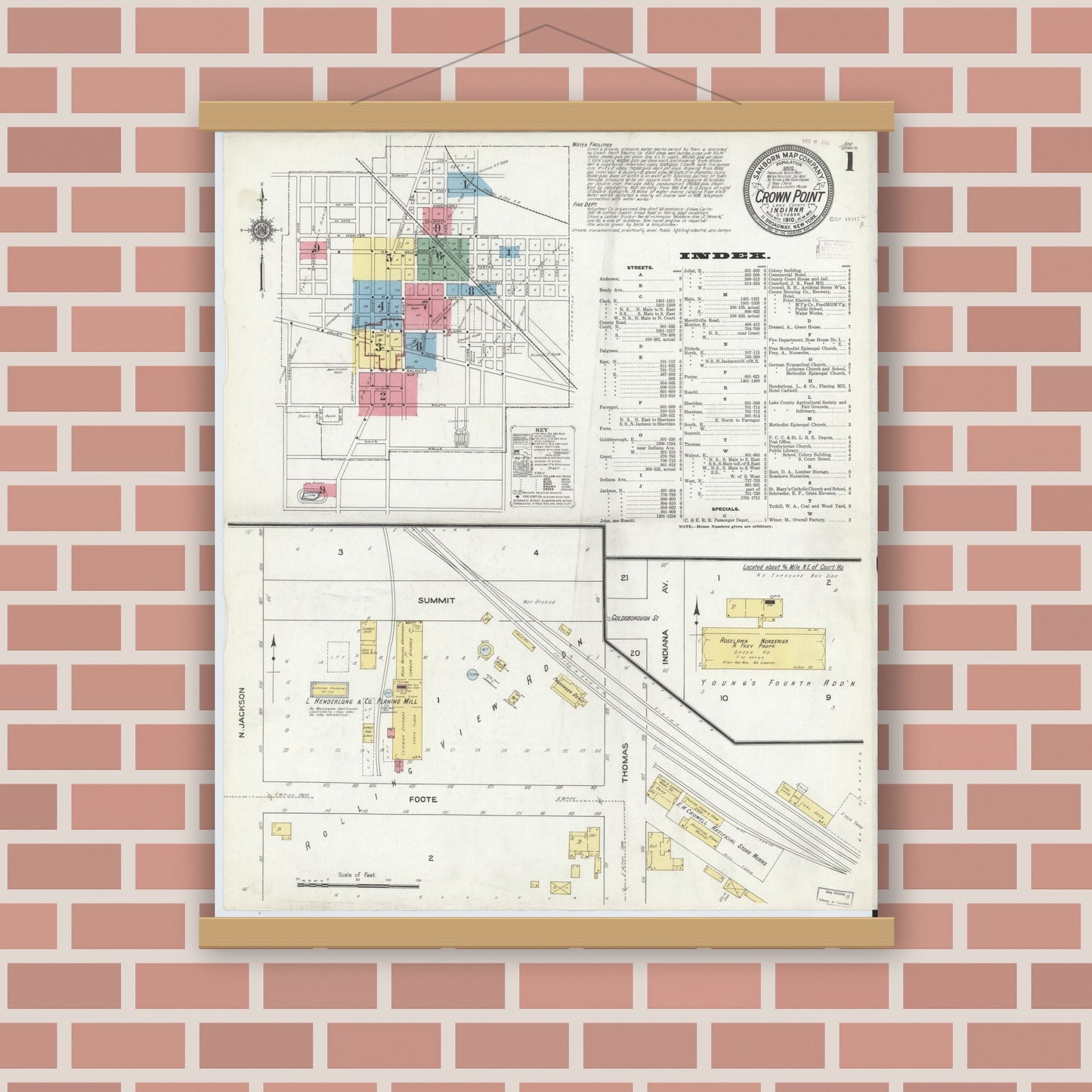 Old map wall art mockup — magnetic wood frame on brick wall — Sanborn Fire Insurance Map from Crown Point, Lake County, Indiana (1910) - Complete Map Set