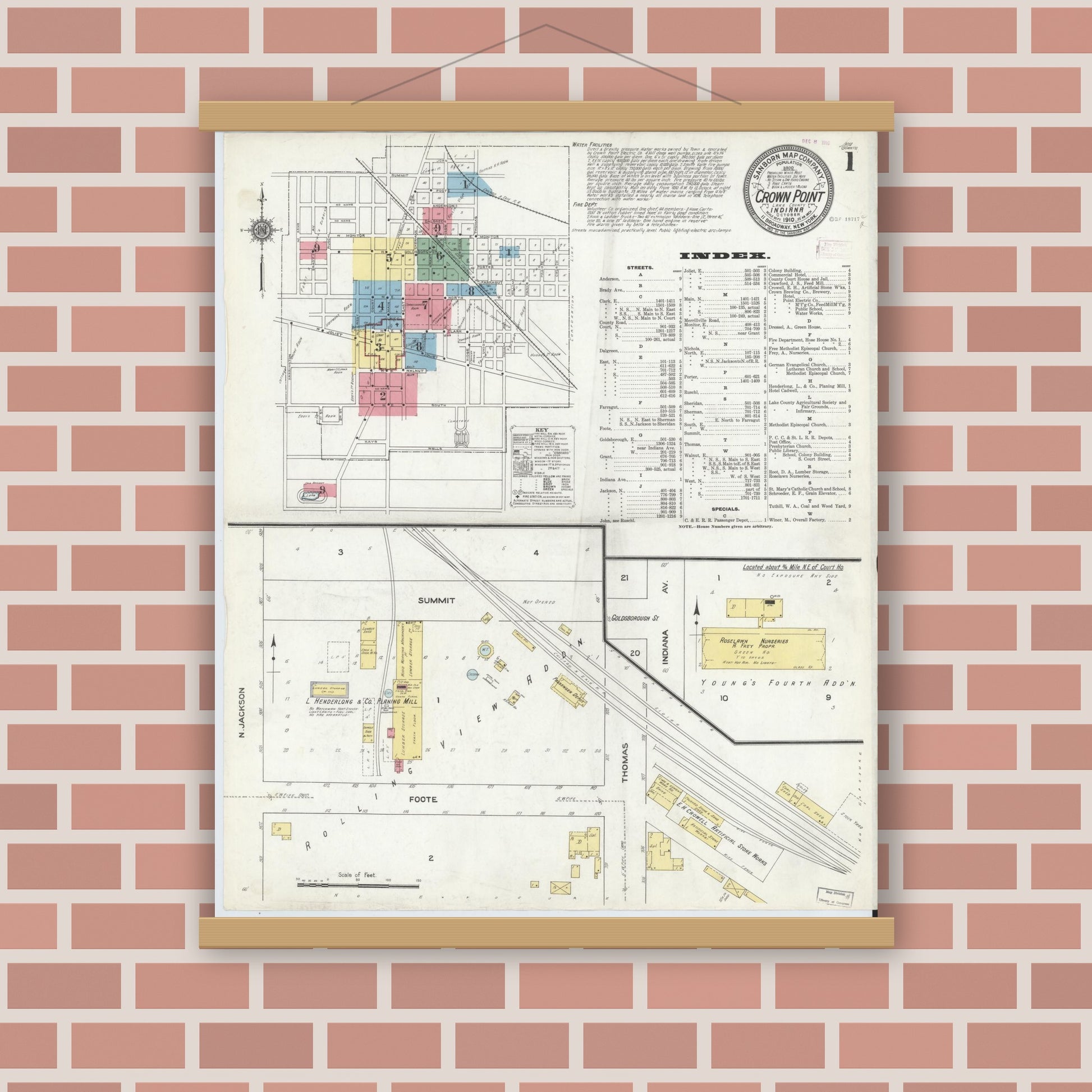 Old map wall art mockup — magnetic wood frame on brick wall — Sanborn Fire Insurance Map from Crown Point, Lake County, Indiana (1910) - Complete Map Set