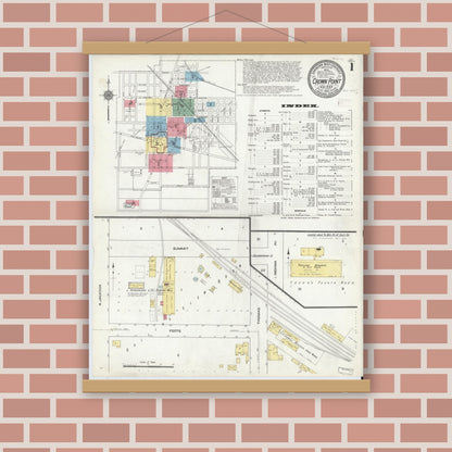 Old map wall art mockup — magnetic wood frame on brick wall — Sanborn Fire Insurance Map from Crown Point, Lake County, Indiana (1910) - Complete Map Set