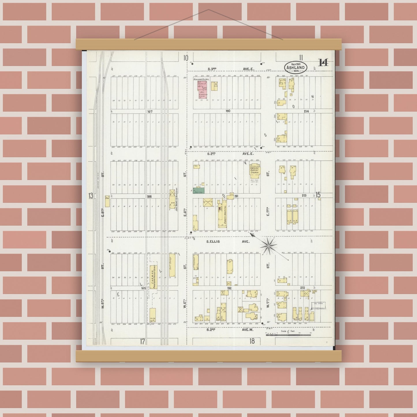 Old map wall art mockup — magnetic wood frame on brick wall — Sanborn Fire Insurance Map from Ashland, Ashland County, Wisconsin (1901), Sheet #0014