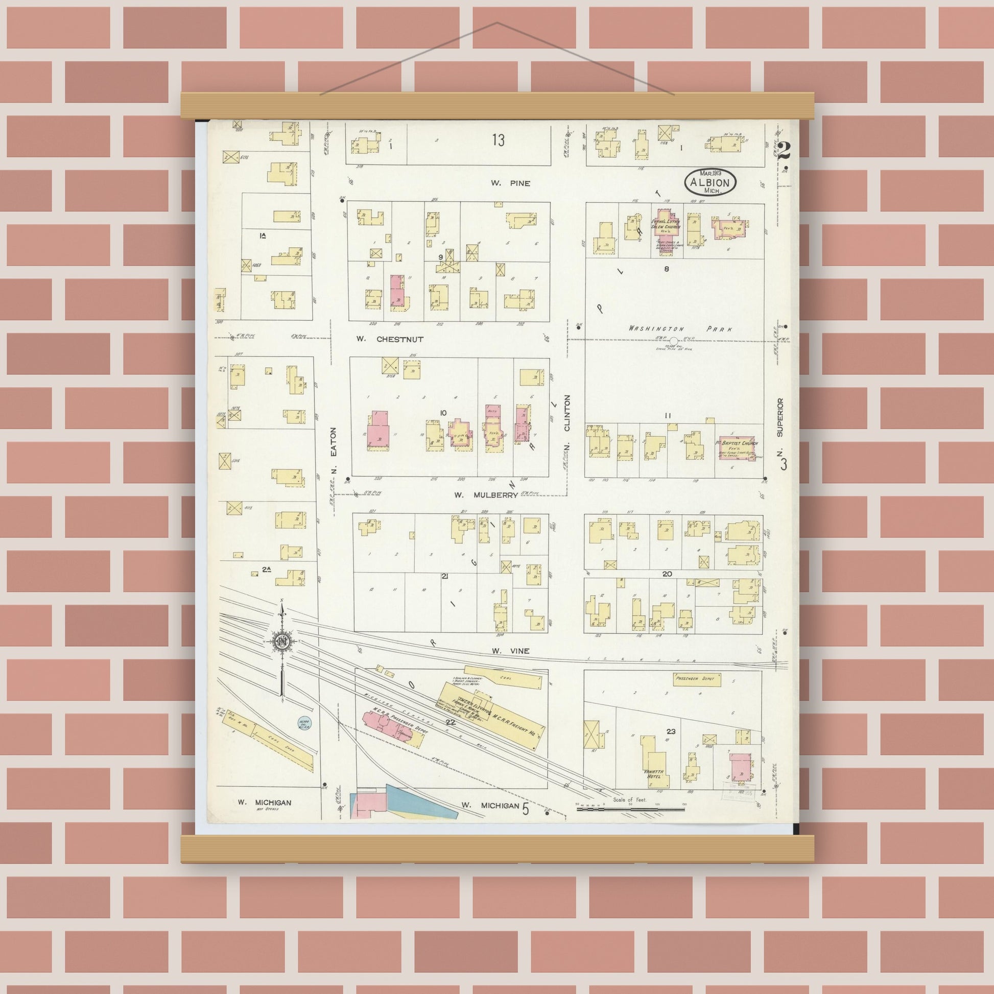 Old map wall art mockup — magnetic wood frame on brick wall — Sanborn Fire Insurance Map from Albion, Calhoun County, Michigan (1913), Sheet #0002
