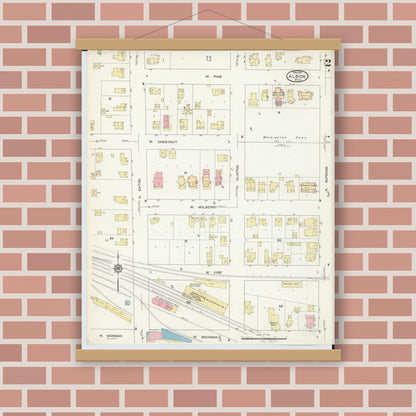 Old map wall art mockup — magnetic wood frame on brick wall — Sanborn Fire Insurance Map from Albion, Calhoun County, Michigan (1913), Sheet #0002