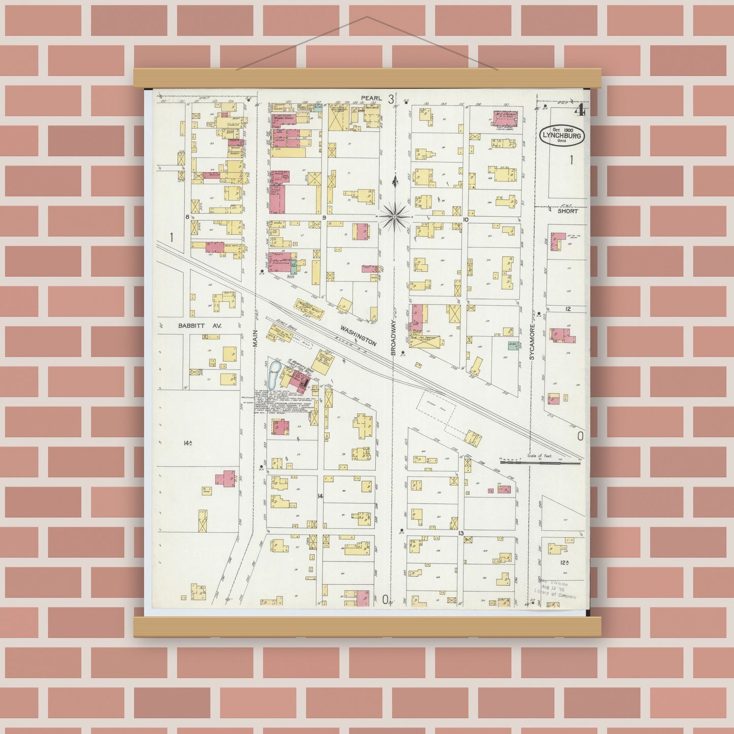 Old map wall art mockup — magnetic wood frame on brick wall — Sanborn Fire Insurance Map from Lynchburg, Highland County, Ohio (1900), Sheet #0004