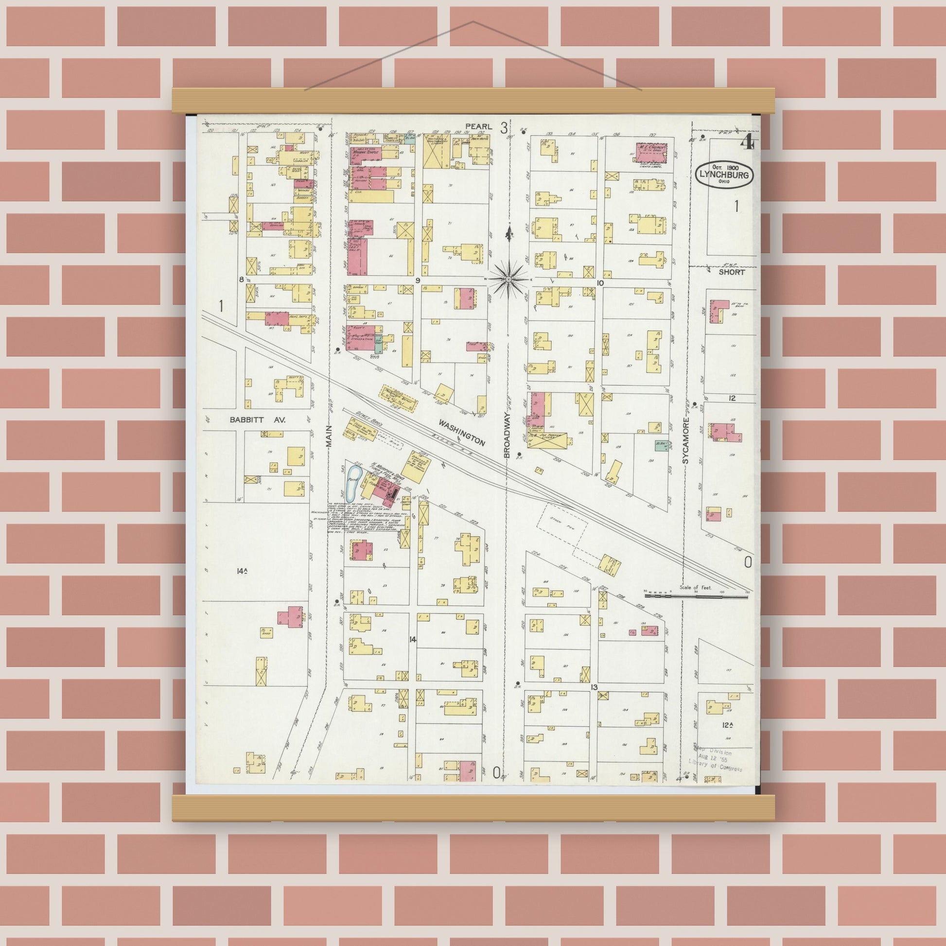 Old map wall art mockup — magnetic wood frame on brick wall — Sanborn Fire Insurance Map from Lynchburg, Highland County, Ohio (1900), Sheet #0004