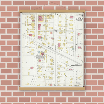 Old map wall art mockup — magnetic wood frame on brick wall — Sanborn Fire Insurance Map from Lynchburg, Highland County, Ohio (1900), Sheet #0004