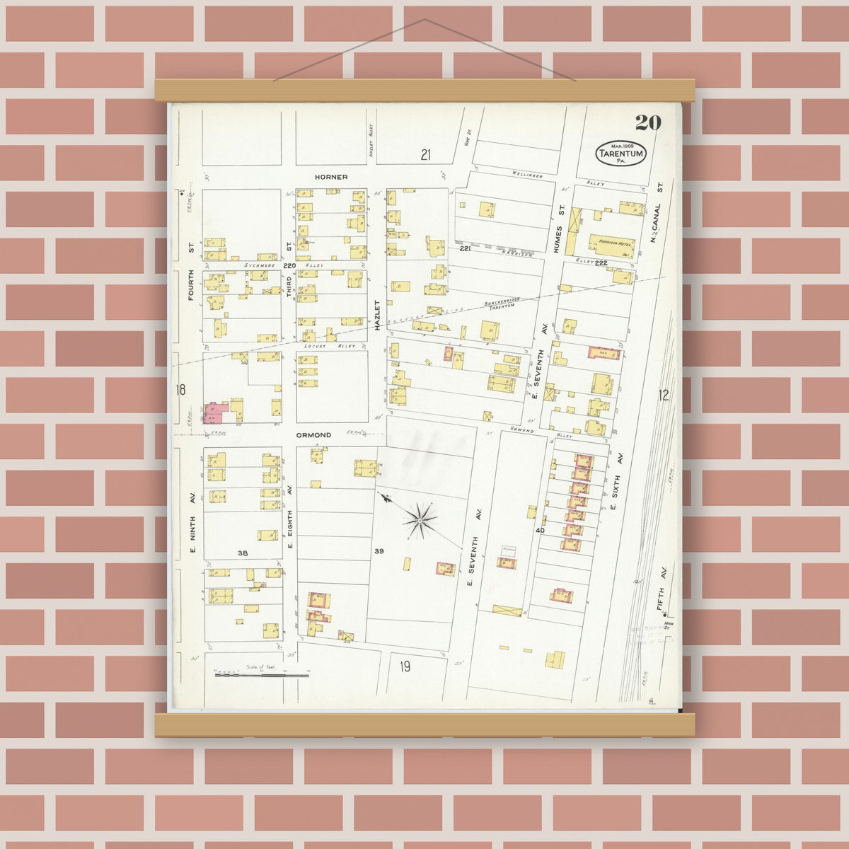 Old map wall art mockup — magnetic wood frame on brick wall — Sanborn Fire Insurance Map from Tarentum, Allegheny County, Pennsylvania (1909), Sheet #0020