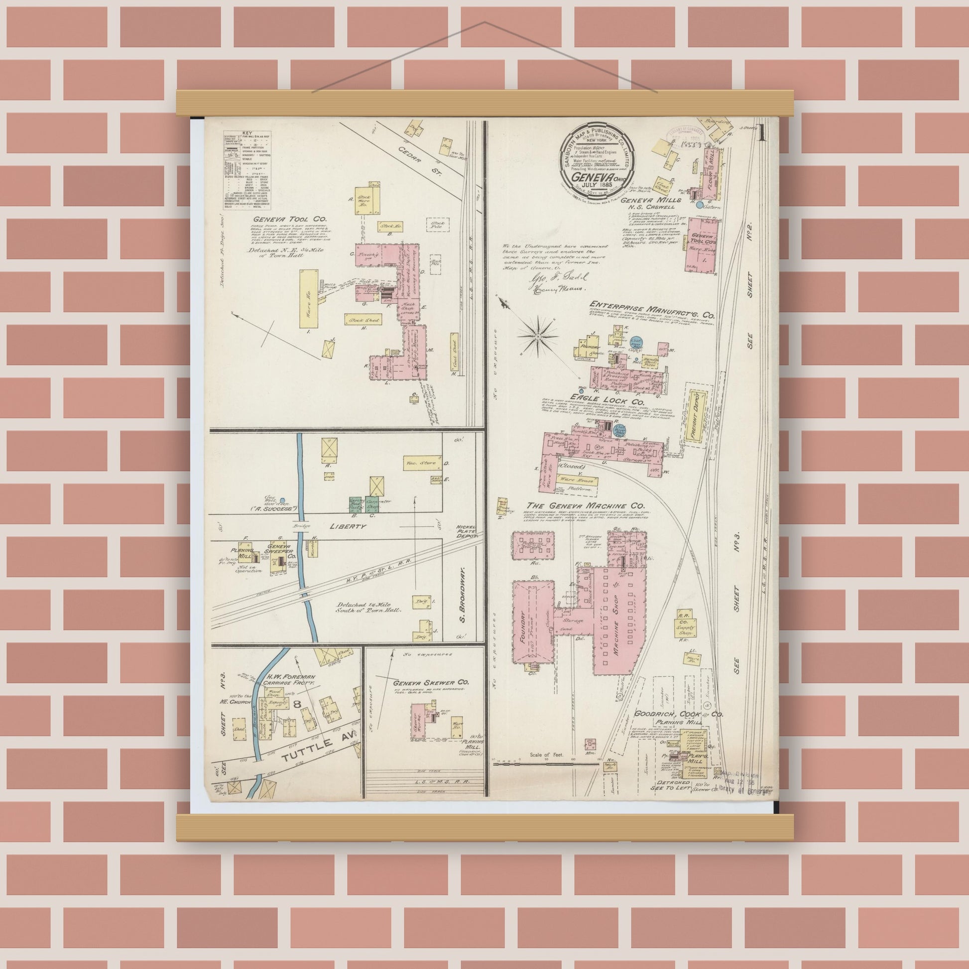 Old map wall art mockup — magnetic wood frame on brick wall — Sanborn Fire Insurance Map from Geneva, Ashtabula County, Ohio (1885), Sheet #0001