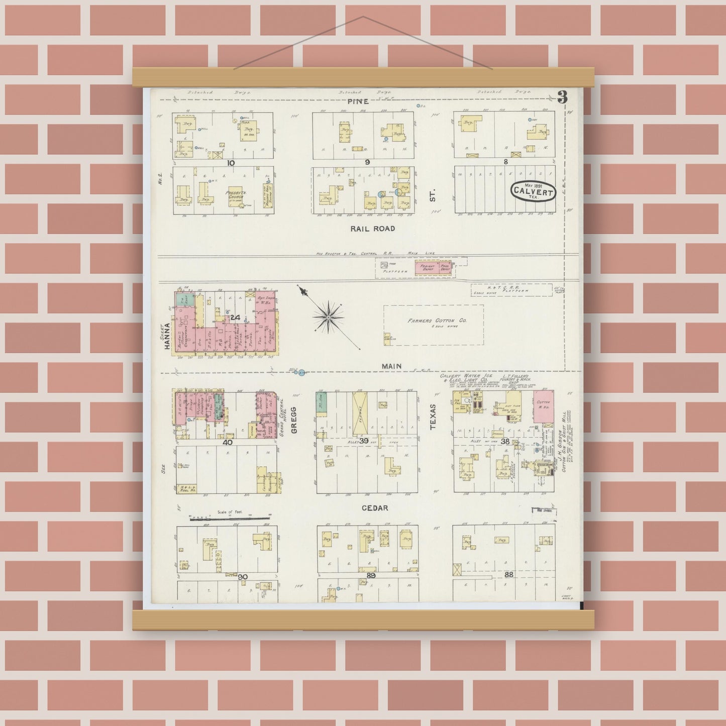 Old map wall art mockup — magnetic wood frame on brick wall — Sanborn Fire Insurance Map from Calvert, Robertson County, Texas (1891), Sheet #0003